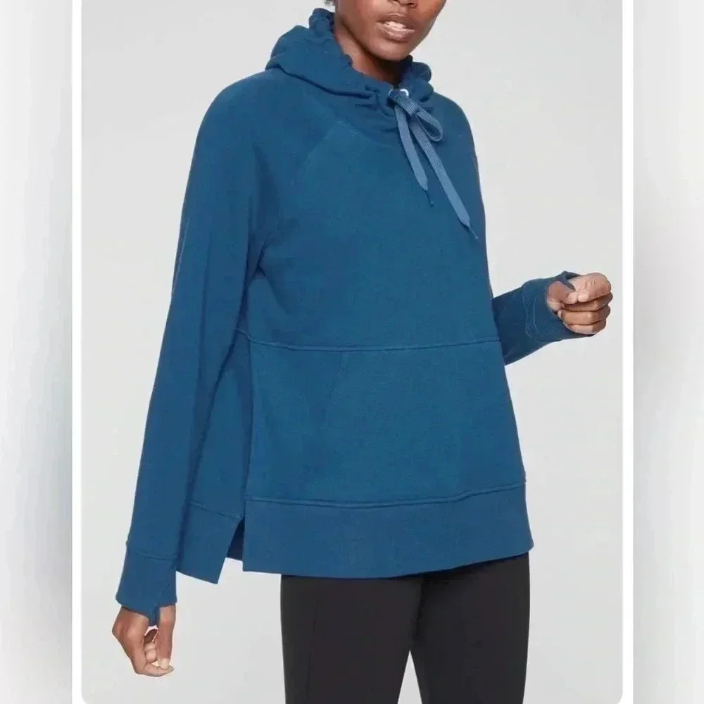 Athleta Cozy Karma Women’s Peacock Blue Fleece Pullover Hoodie Sweatshirt Sz S